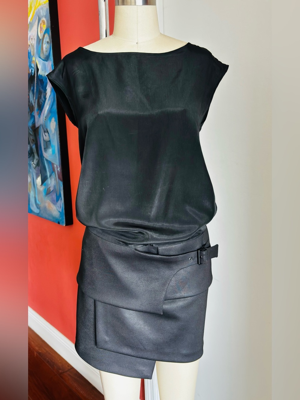 Cop.Copine Black Asymmetric Pencil Skirt with Wrap Buckle